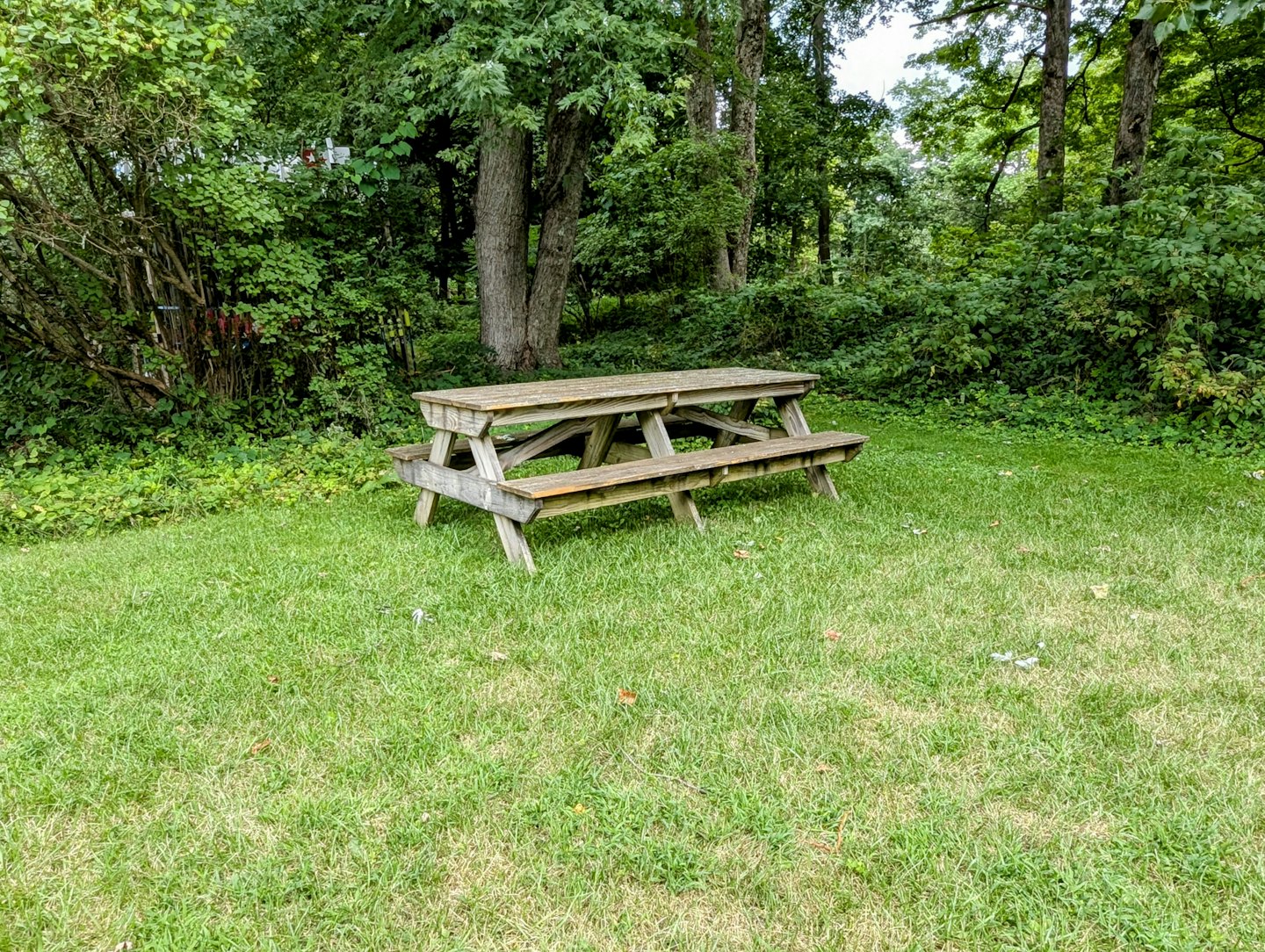 Un tavolo da picnic rustico in legno si trova su un prato verde.
